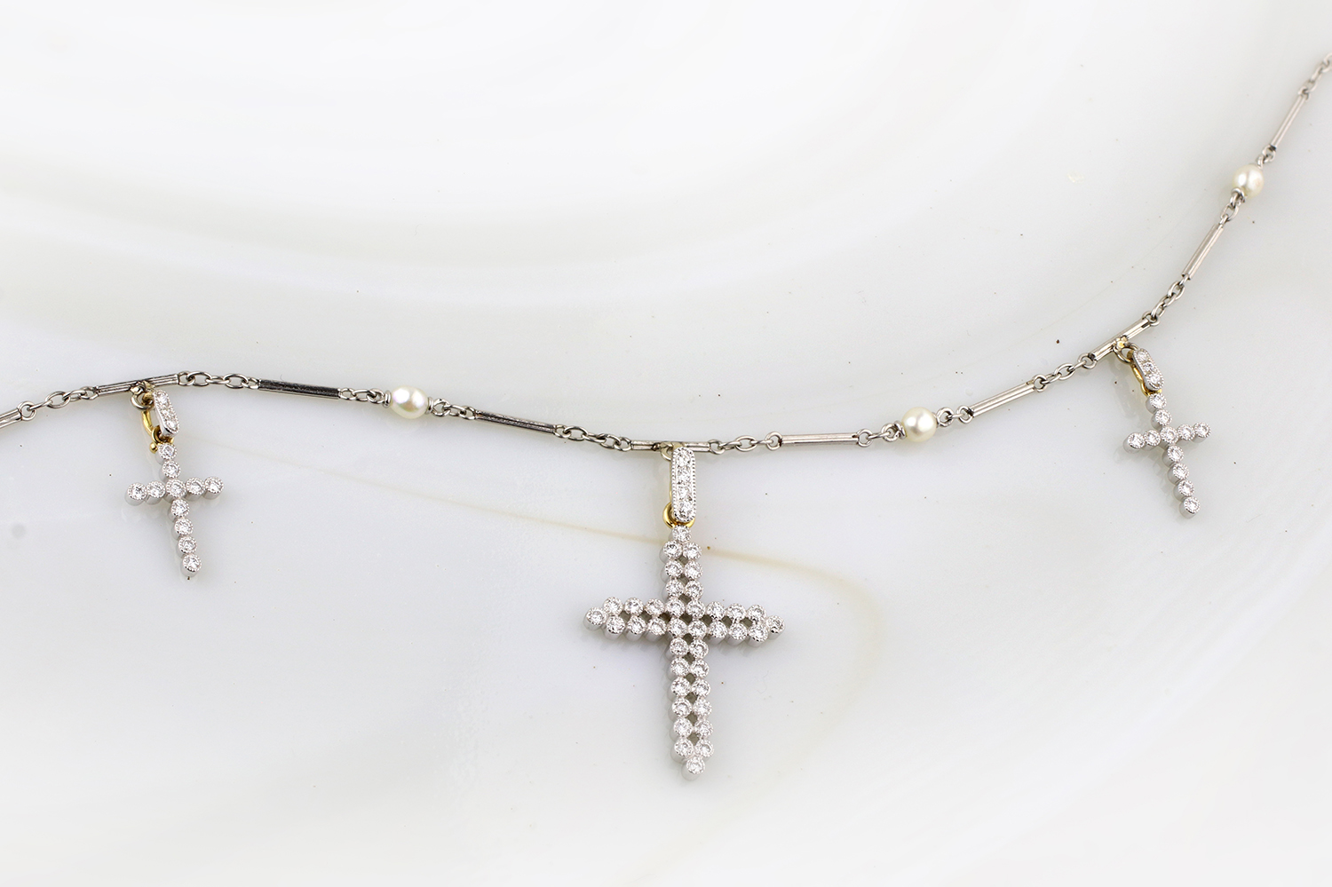 Antique Diamond, Pearl and Platinum Cross Charm Bracelet