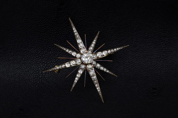 Antique Sunburst Diamond Set Gold Brooch
