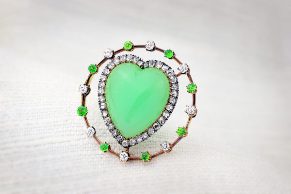 Antique Chalcedony, Diamond and Demantoid Garnet Heart Brooch