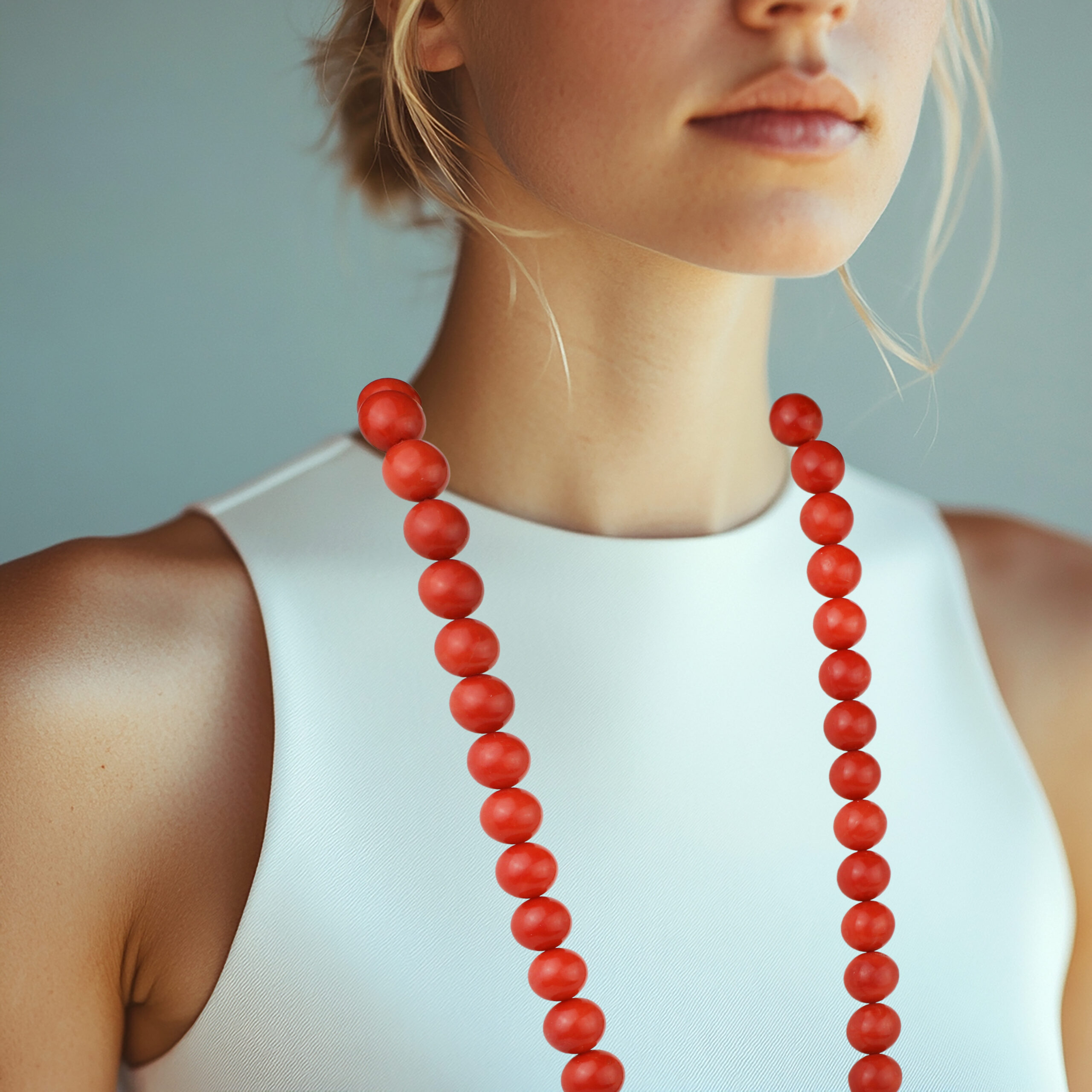 Orangey Red Coral Bead Long Necklace