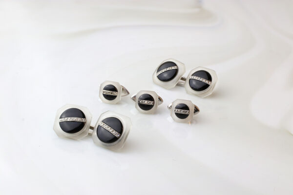 Art Deco Frosted Rock Crystal, Onyx and Diamond Dress-set, circa 1925