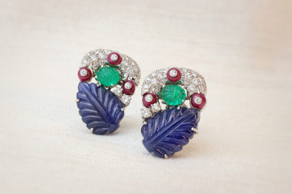 David Webb Caved Multi-Gem and Diamond Ear Clips