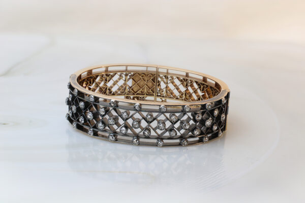 Antique Fretwork Diamond, Silver and Gold Bangle Bracelet