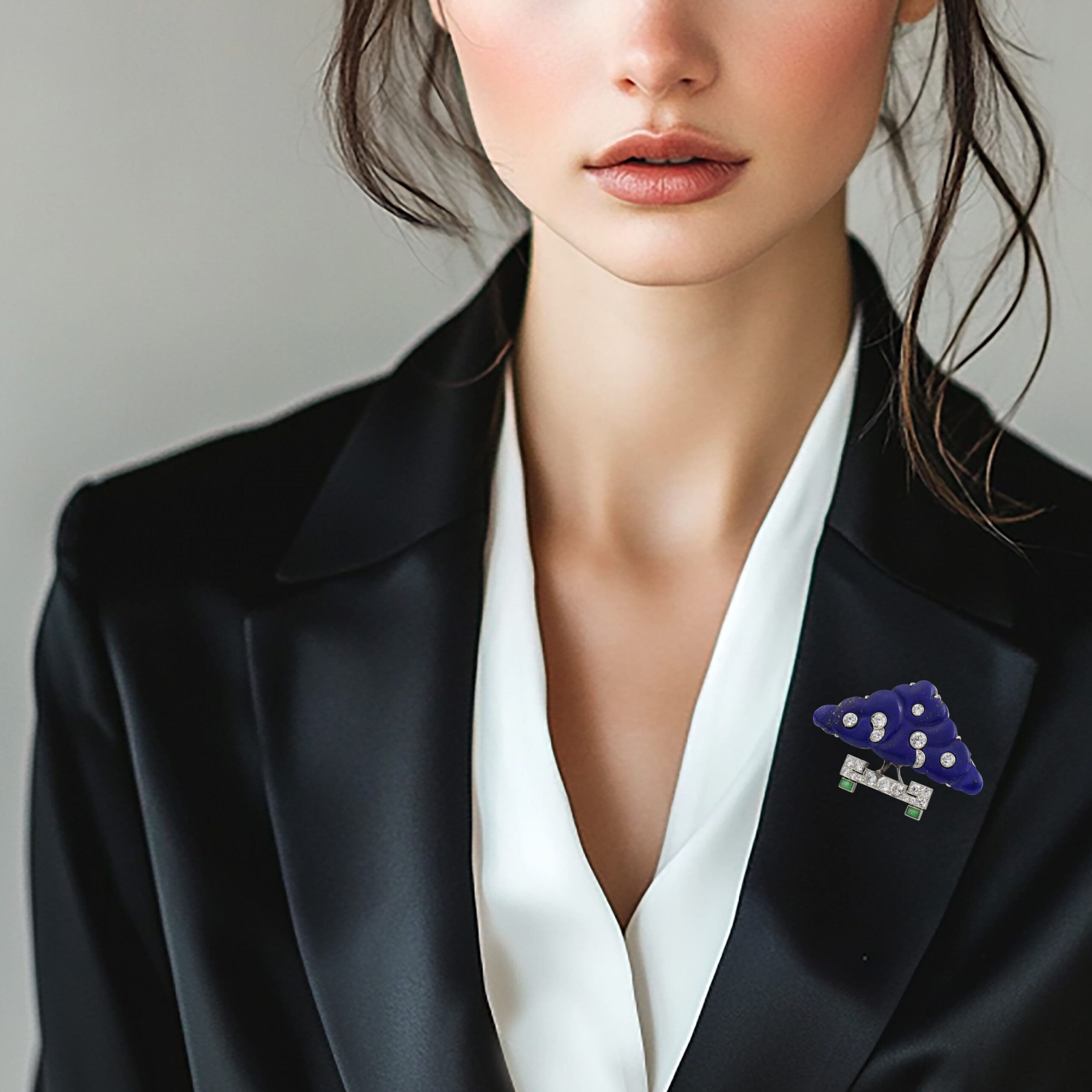 French Art Deco Lapis Lazuli, Diamond and Jade Topiary Brooch