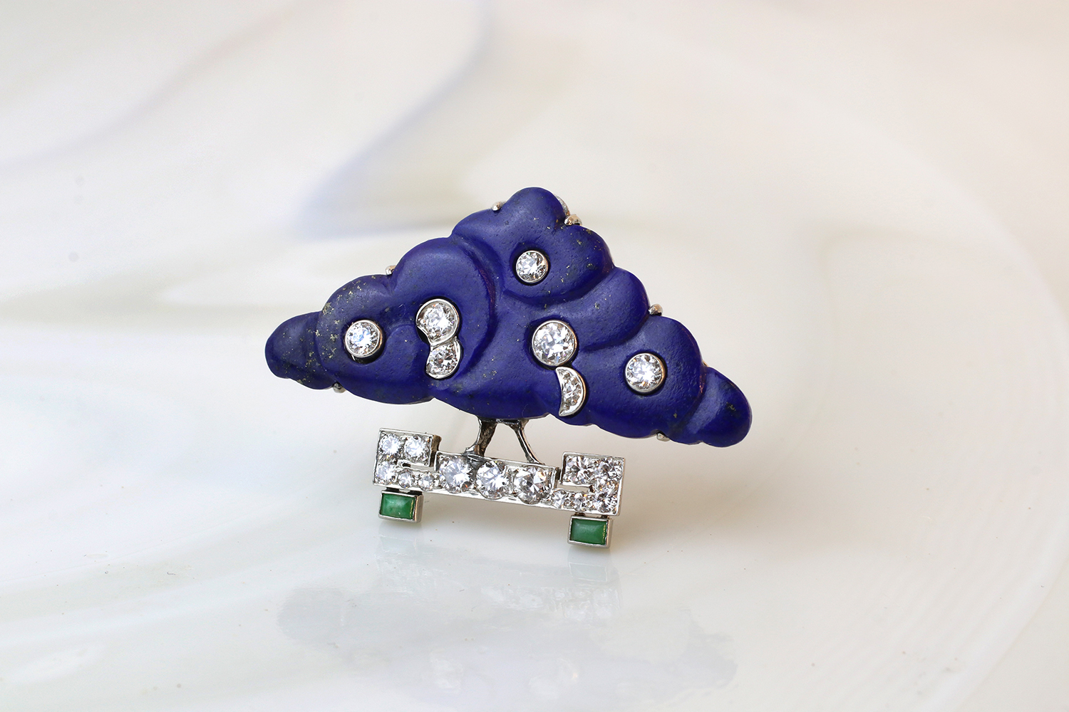 French Art Deco Lapis Lazuli, Diamond and Jade Topiary Brooch