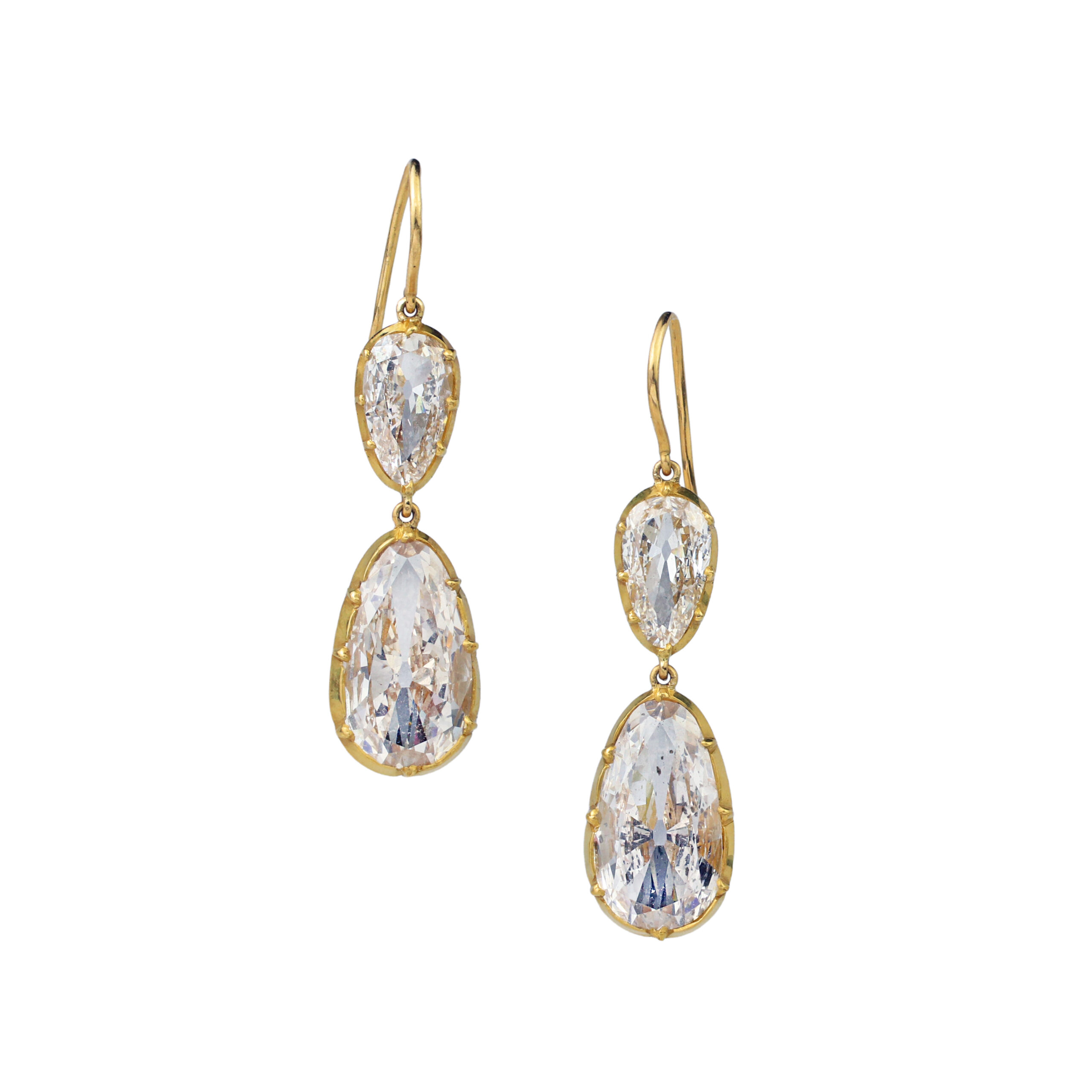 Pear Shaped Diamond and High Karat Gold Ear Pendants
