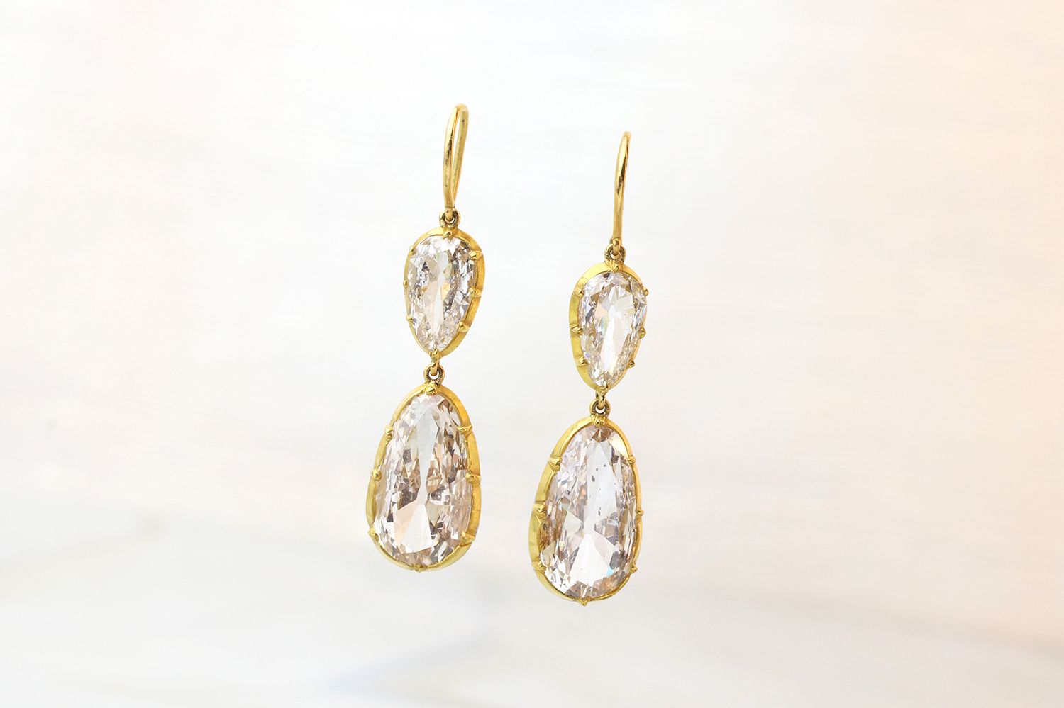 Pear Shaped Diamond and High Karat Gold Ear Pendants