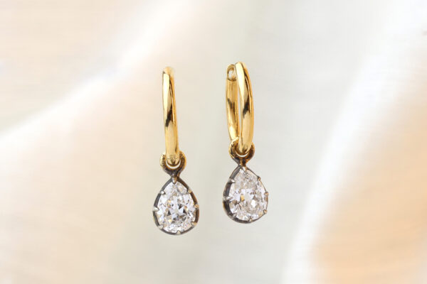 Gold Hoop with Pear Shaped Diamond Drop Ear Pendants