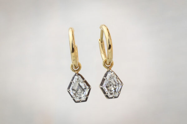 Gold Hoop with Trapezoid Shaped Diamond Drop Ear Pendants