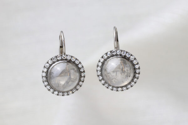 Cabochon White Diamond, Single Cut Diamond and Platinum Ear Pendants