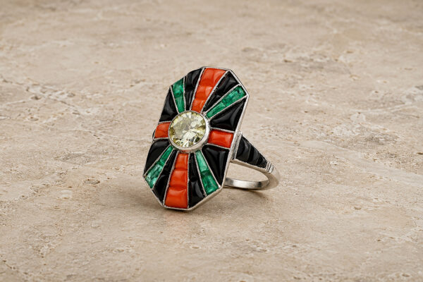Art Deco Colored Diamond and Gem Set Ring