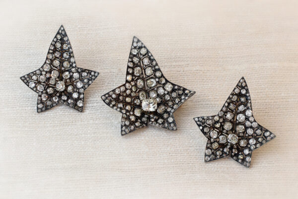 Antique Ivy Leaf Diamond, Silver and Gold Ear Clip and Brooch Set