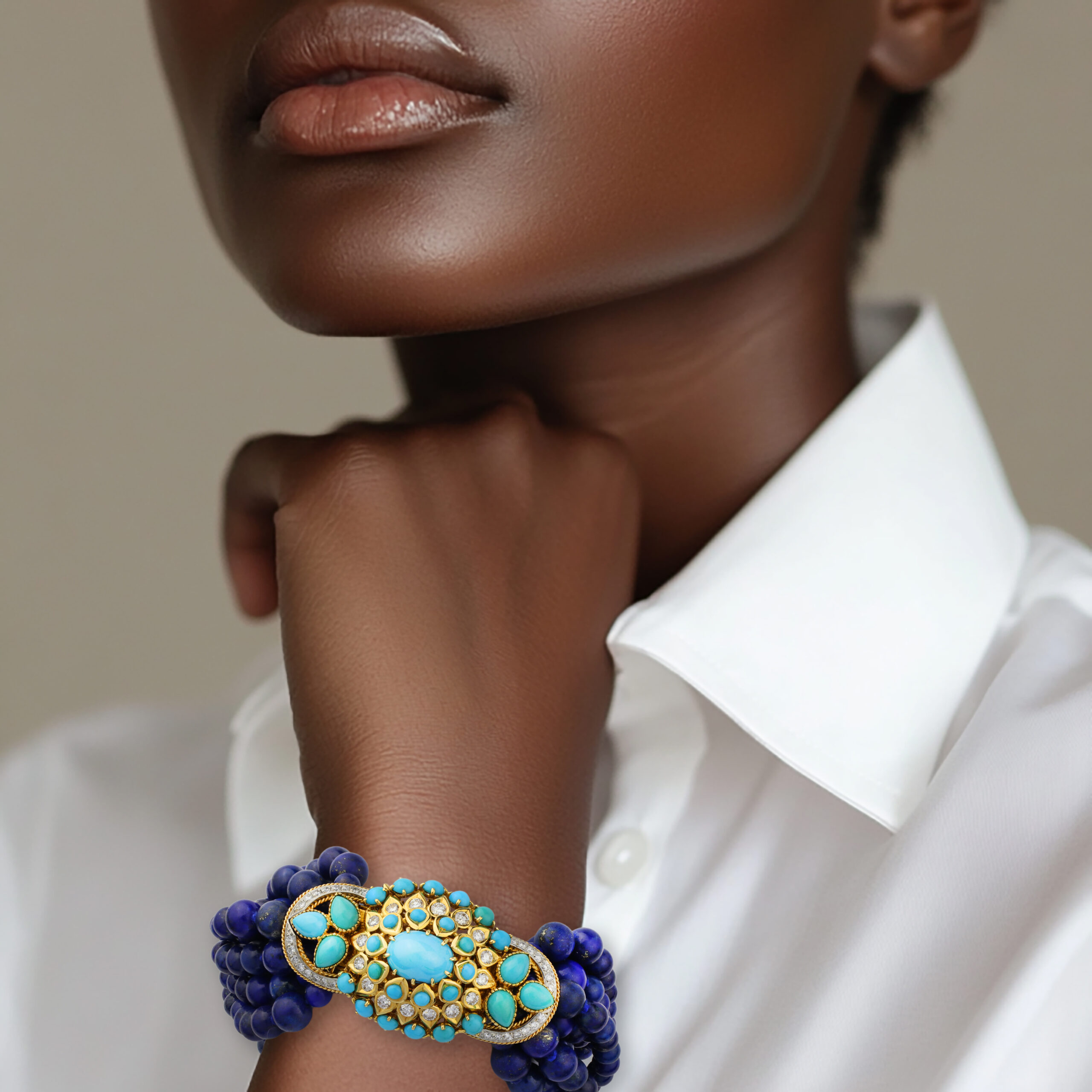 Cartier Mid Century ‘Torsade’ Lapis Lazuli, Turquoise and Diamond Bracelet