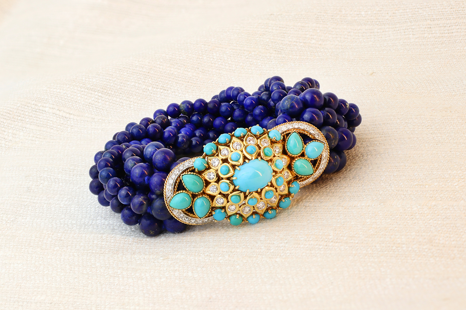 Cartier Mid Century ‘Torsade’ Lapis Lazuli, Turquoise and Diamond Bracelet