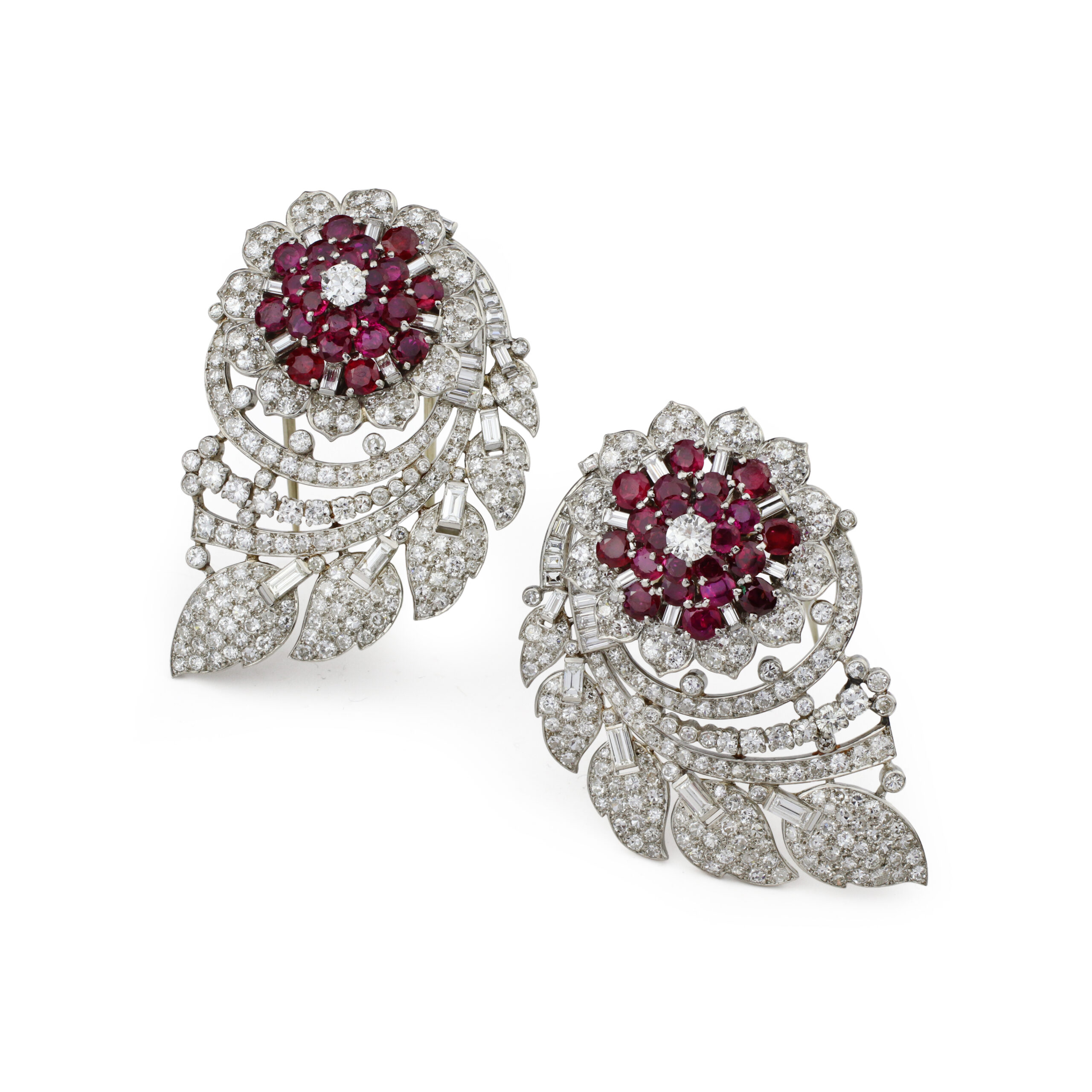 Cartier Pair of Ruby and Diamond Floral Clip Brooches