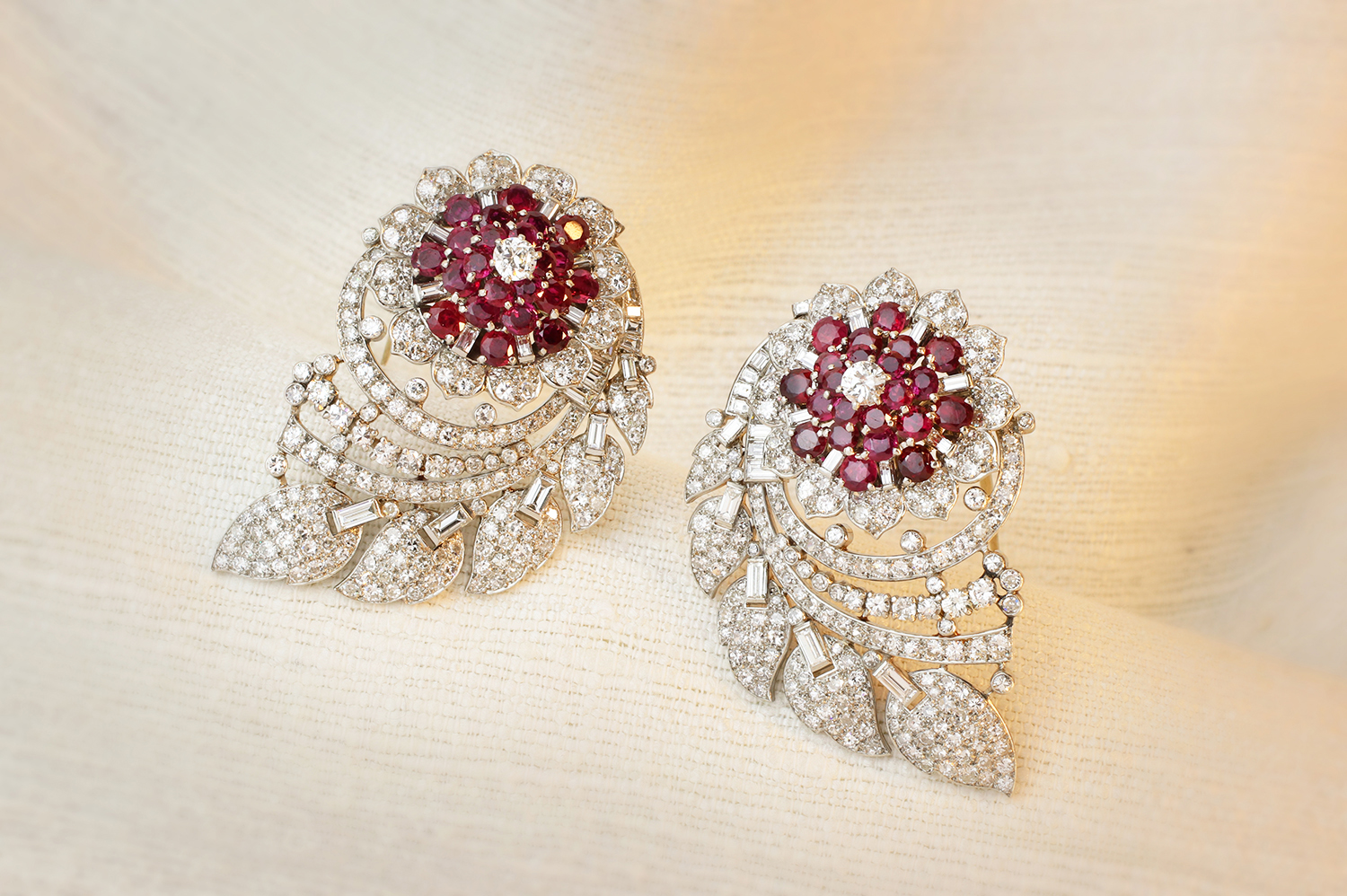 Cartier Pair of Ruby and Diamond Floral Clip Brooches