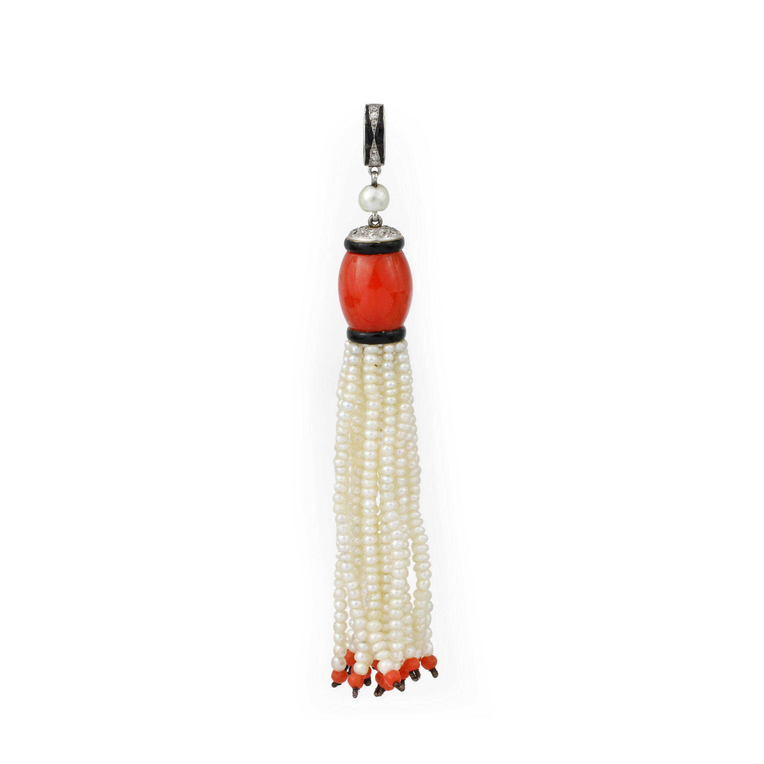 Cartier Art Deco Coral, Onyx, Pearl and Diamond Tassel Pendant