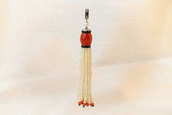 Cartier Art Deco Coral, Onyx, Pearl and Diamond Tassel Pendant» Price on Request «