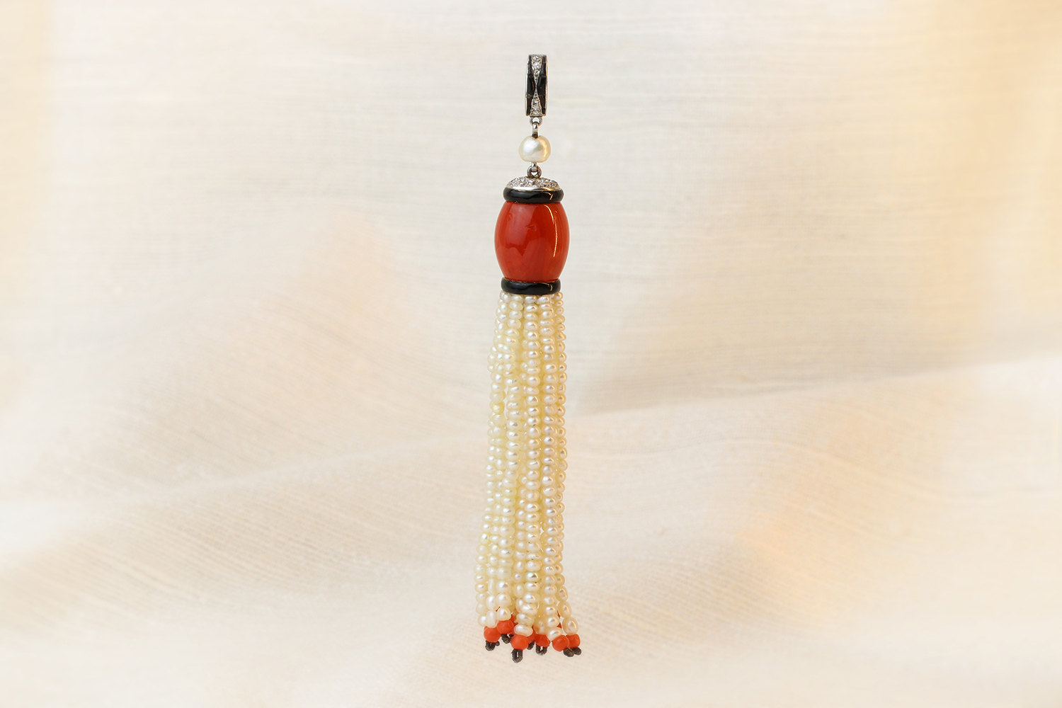 Cartier Art Deco Coral, Onyx, Pearl and Diamond Tassel Pendant