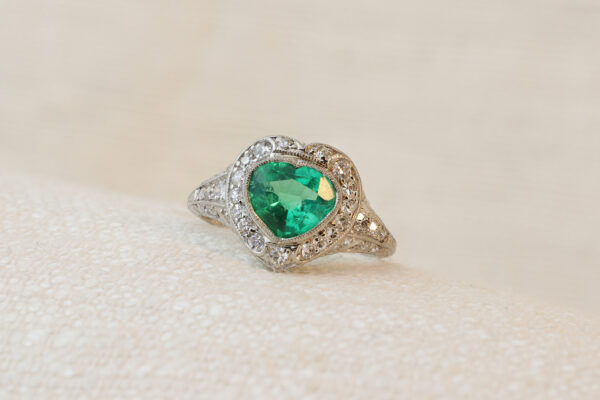 Antique Heart Shaped Emerald, Diamond and Platinum Ring