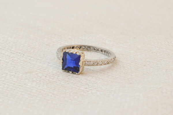 Antique Square Shaped Step Cut Sapphire and Diamond Ring