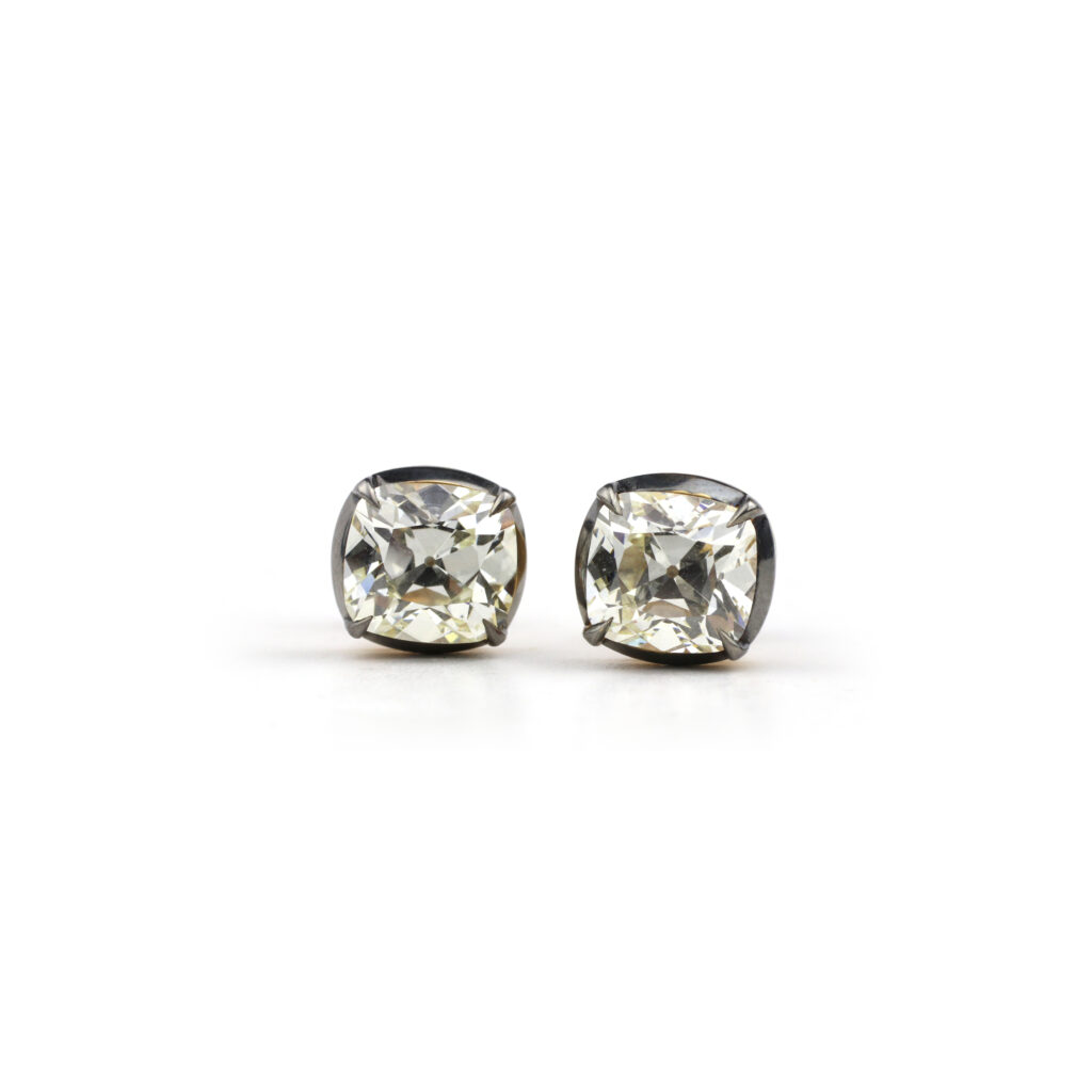 Cushion Cut Diamond, Silver and Gold Ear Studs