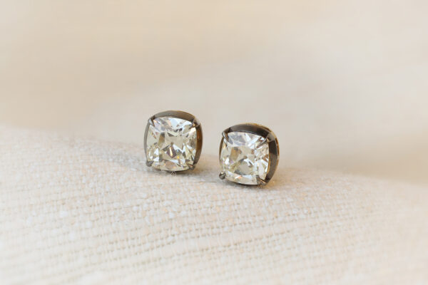 Cushion Cut Diamond, Silver and Gold Ear Studs