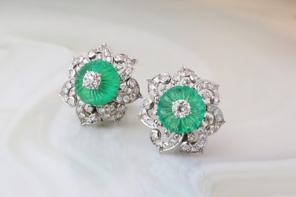 Cartier Mid Century Carved Emerald and Diamond Ear Clips» Price on Request «