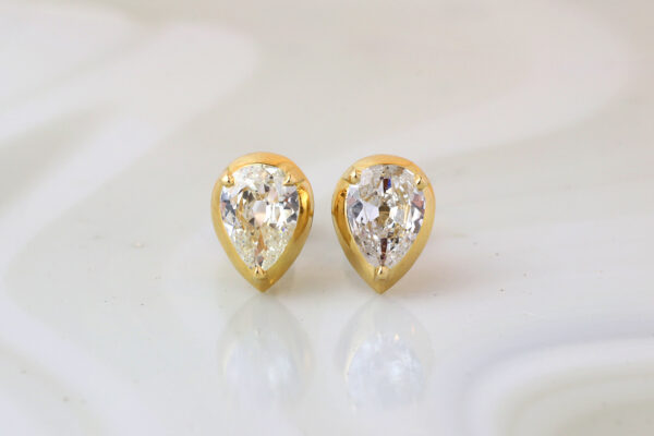 Old Cut Pear Shaped Diamond and Gold Ear Studs