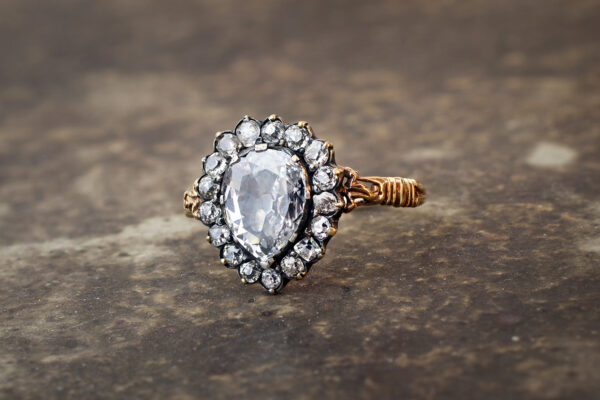 Antique Pear Shaped Diamond, Silver and Gold Ring