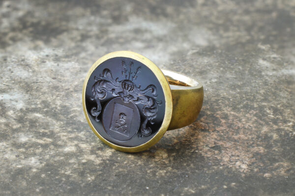 Hemmerle Onyx Intaglio, Brass and Gold Signet Ring