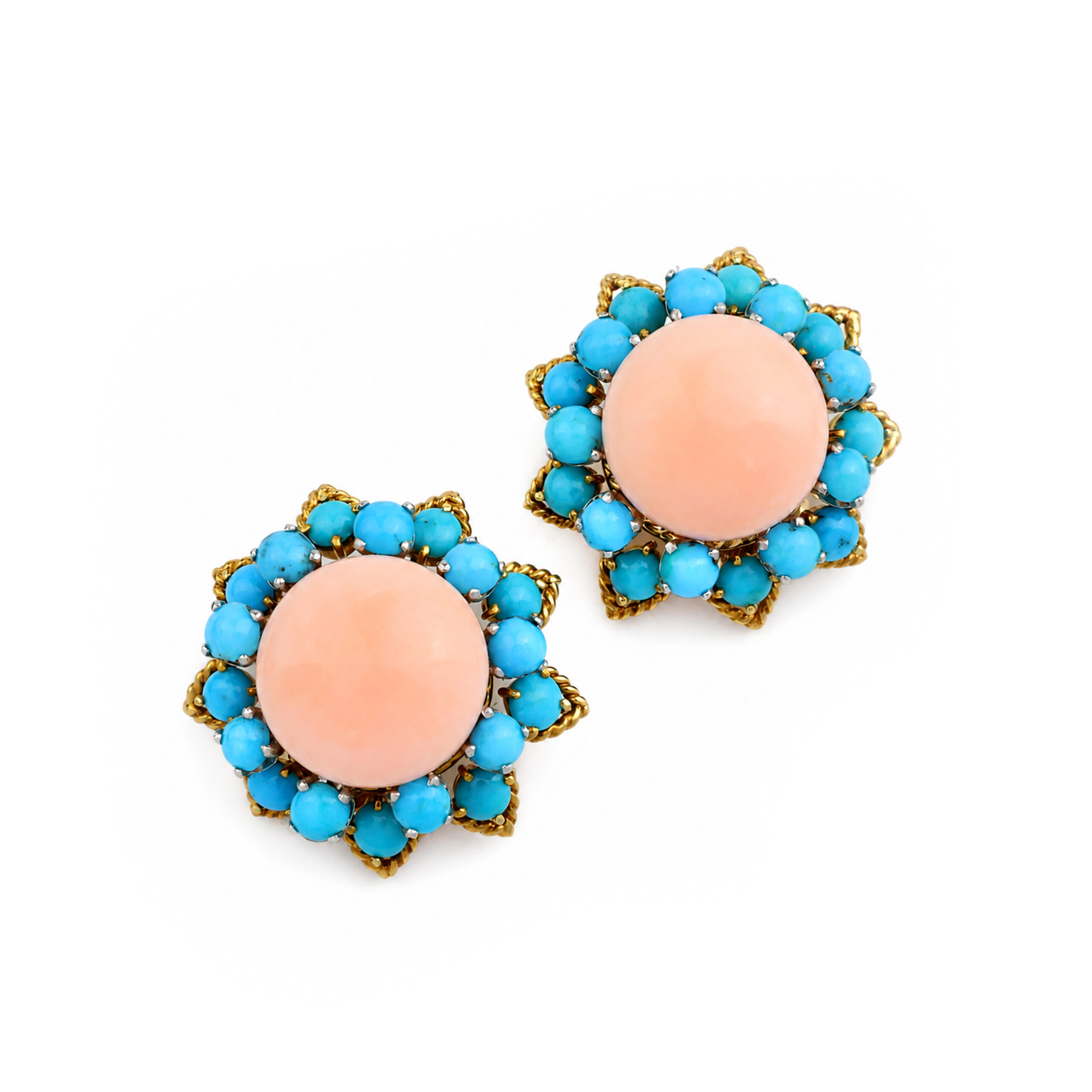 Van Cleef & Arpels Mid Century Gold, Coral and Turquoise Ear Clips