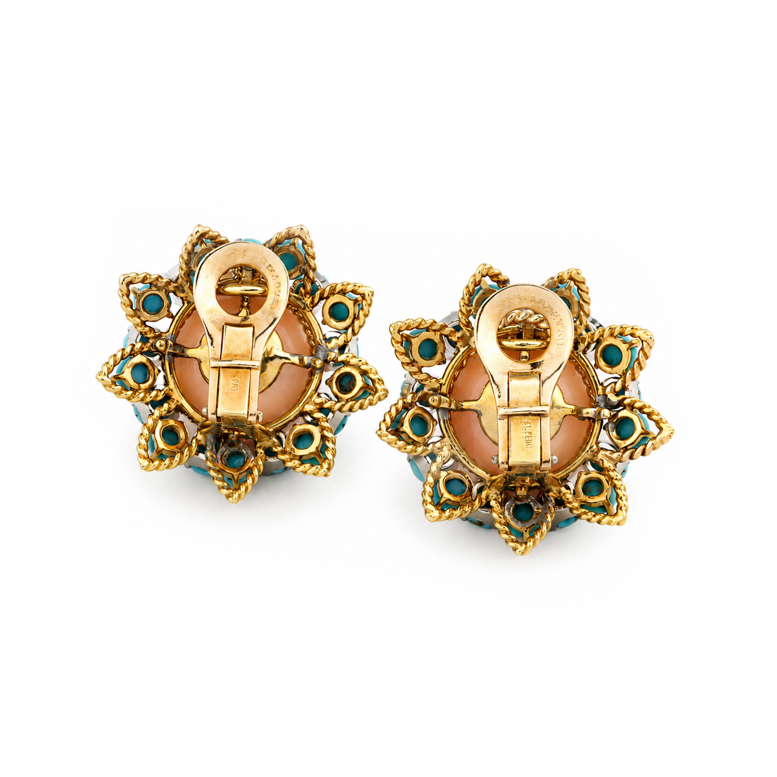 Van Cleef & Arpels Mid Century Gold, Coral and Turquoise Ear Clips