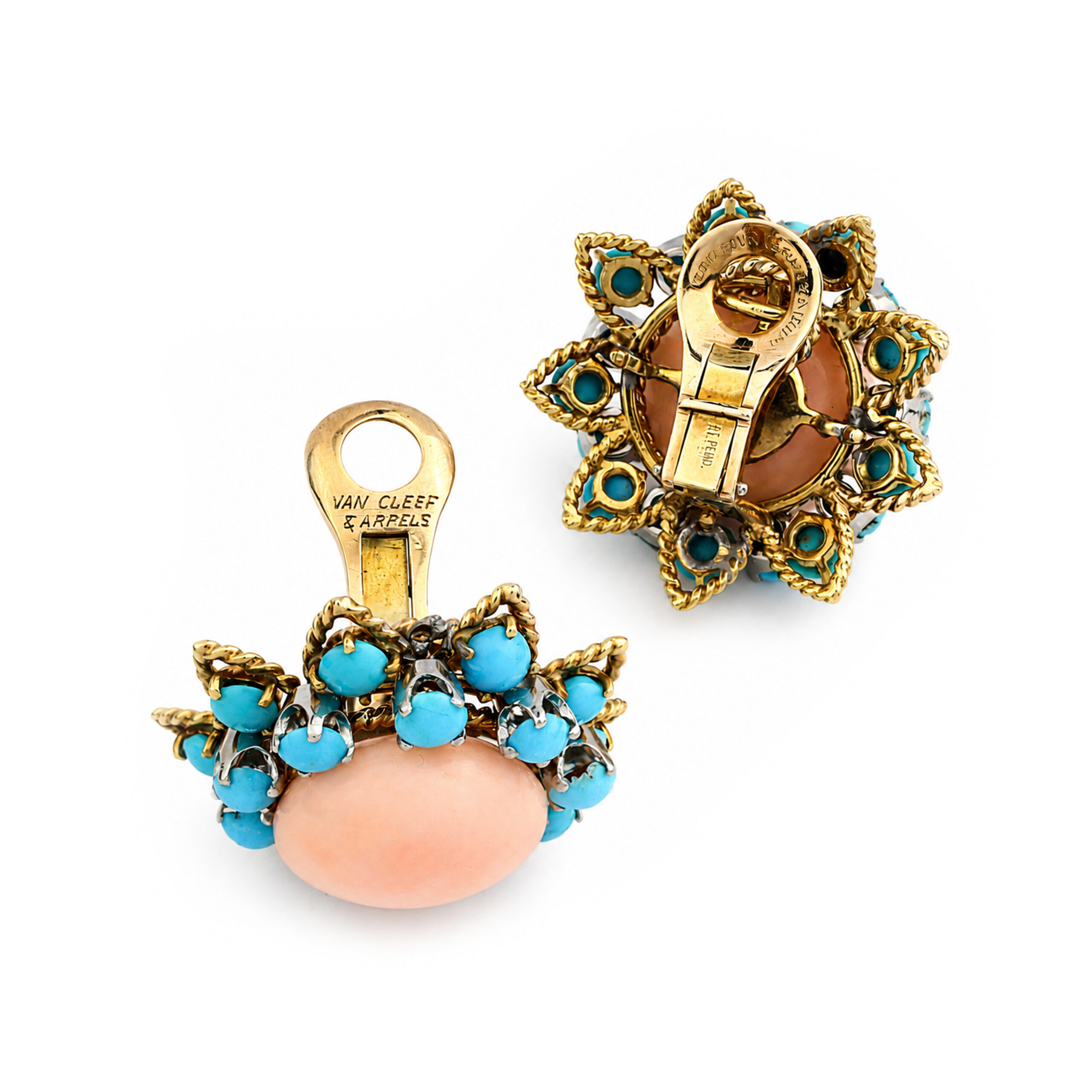 Van Cleef & Arpels Mid Century Gold, Coral and Turquoise Ear Clips