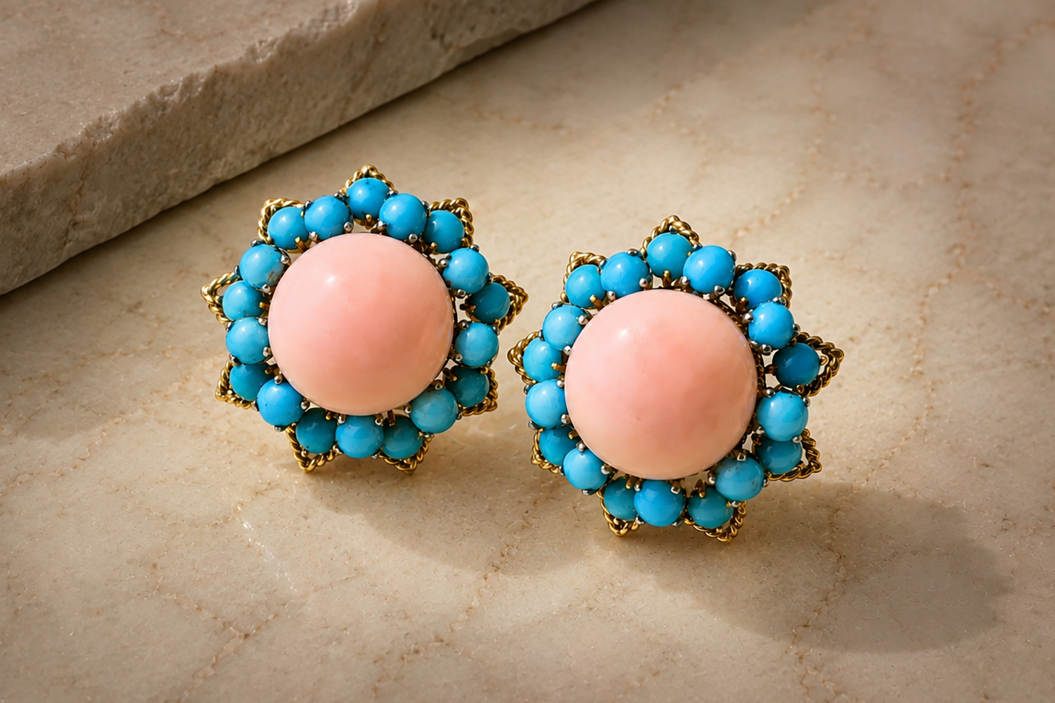 Van Cleef & Arpels Mid Century Gold, Coral and Turquoise Ear Clips