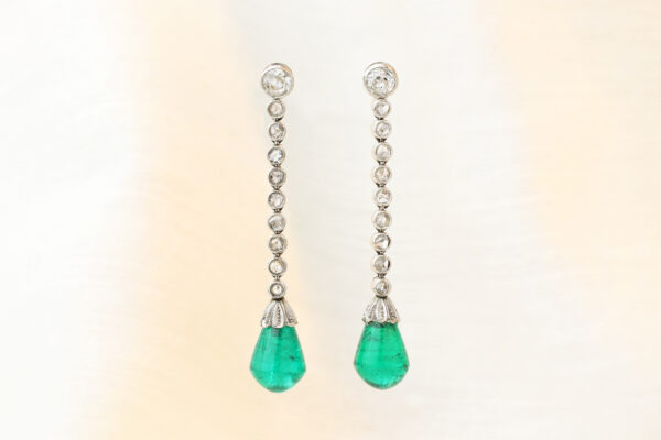Mid Century Drop Shape Colombian Emerald and Old Cut Diamond Ear Pendants