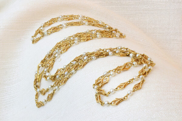 Antique Pearl and Gold Long Chain Necklace