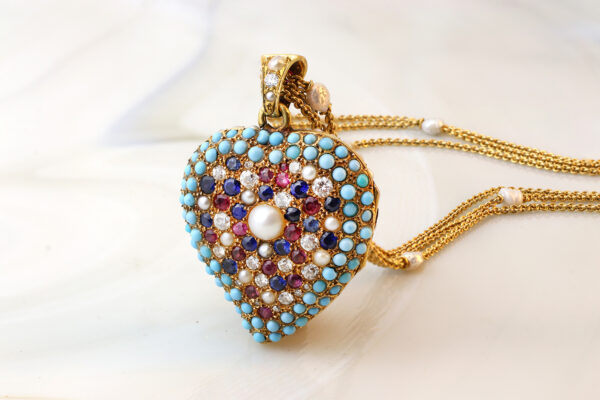 Antique Heart Shaped Multi Gem Locket Pendant Necklace