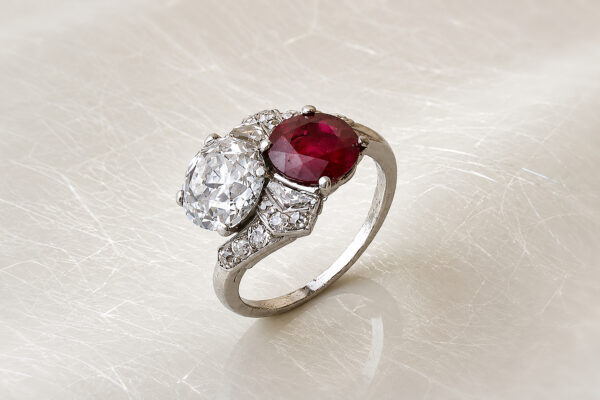 Raymond Yard Art Deco Toi et Moi Burmese Ruby and Diamond Ring