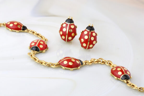 Cartier Ladybug Enamel and Gold Ear Clip and Bracelet Set