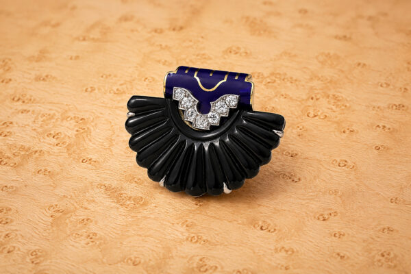 Cartier Art Deco Onyx, Diamond and Enamel Clip Brooch
