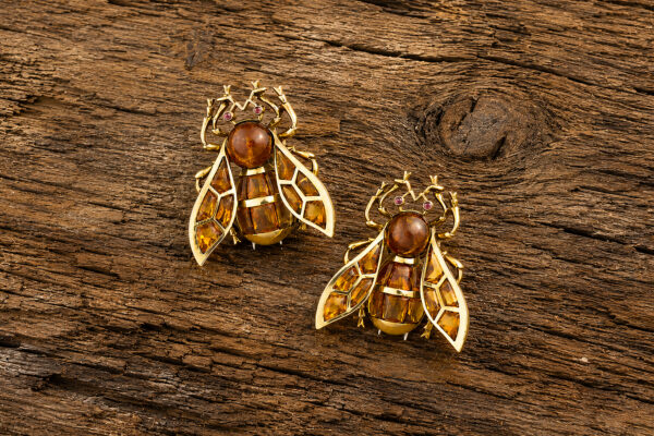 Mid Century Bee Citrine and Gold Brooches