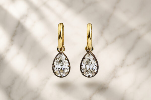 Gold Hoop with Pear Shaped Diamond Drop Ear Pendants
