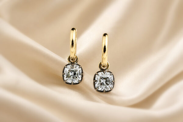 Gold Hoop with Cushion Shaped Diamond Drop Ear Pendants