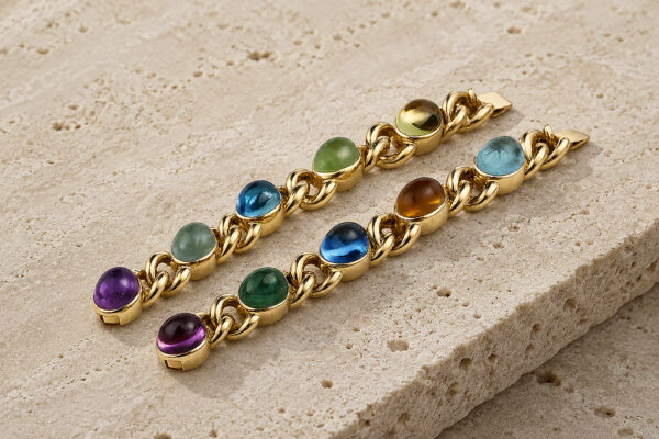 Jumbo Multi-Gem Cabochon and Gold Link Bracelets