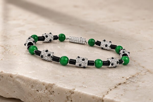 French Art Deco Onyx, Jade and Diamond Beaded Bracelet