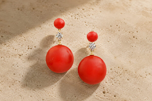 Coral Diamond and Gold Ear Pendants