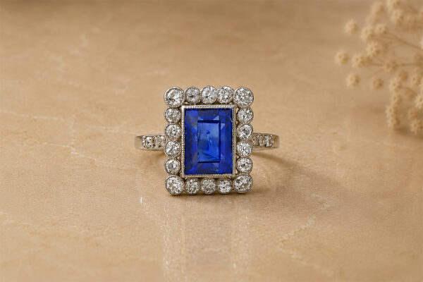 French Antique Step Cut Sapphire and Diamond Ring