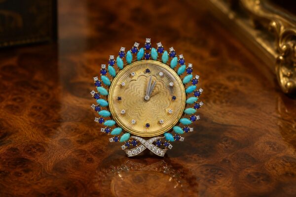 Bulgari Mid Century Turquoise, Sapphire, Diamond and Gold Table Clock
