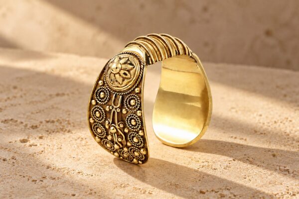 Mid Century Khmer Style Sculpted Gold Cuff